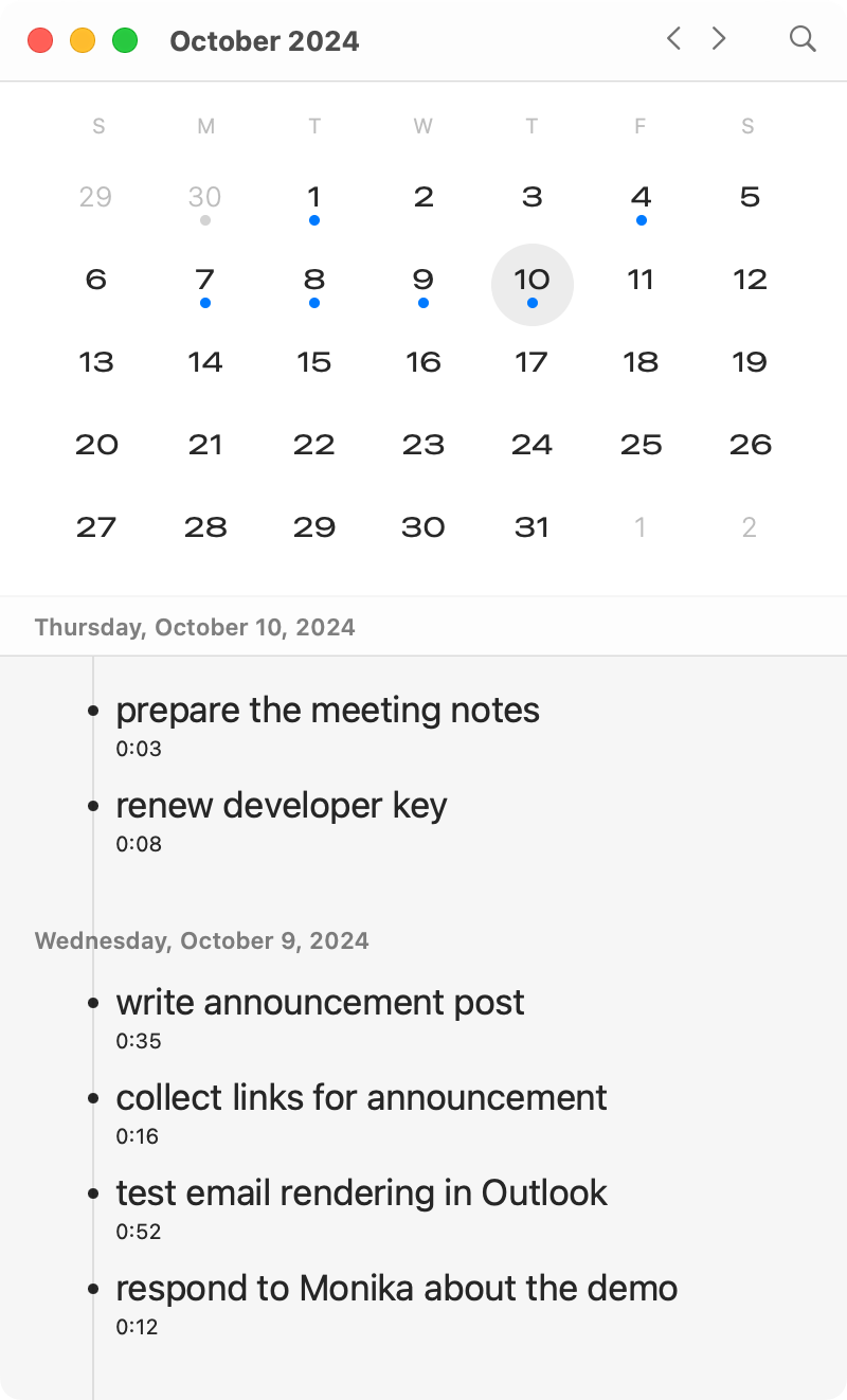 Screenshot of the N10 Session History window. The top third of the window is a calendar grid showing the five weeks encompassing October 2024. A blue dot appears under the days 1, 4, 7, 8, 9, and 10, indicating activity on those days. A gray circle appears behind the 10, indicating it is the current date. Below the calendar grid is a reverse-chronological timeline of past session intentions, each with the number of minutes spent below.